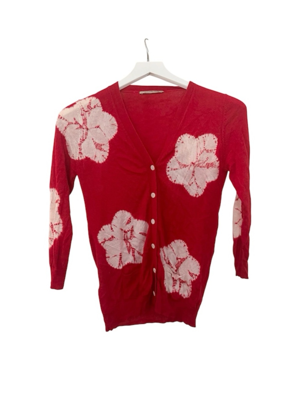Samantha Sung Hand-Painted Flower Cardigan Red & White Cashmere Silk Blend 4